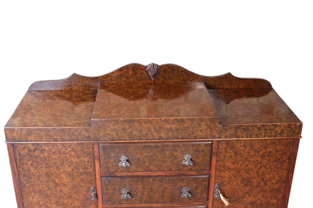 Art Deco Burr Walnut Sideboard Scalloped Gallery Buffet Credenza 1930s