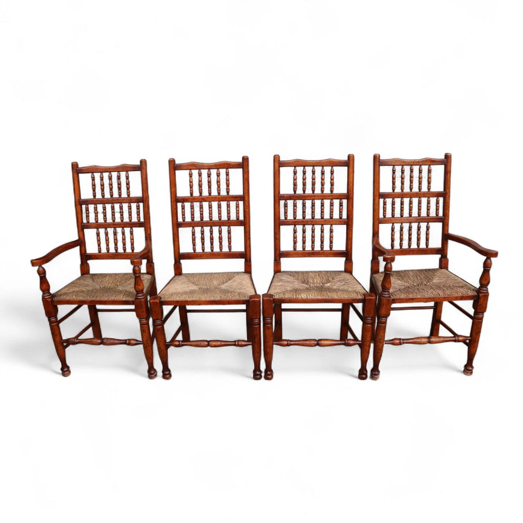 Set of 8 Antique Lancashire Elm & Ash Rush Seat Spindle Back Dining Chairs