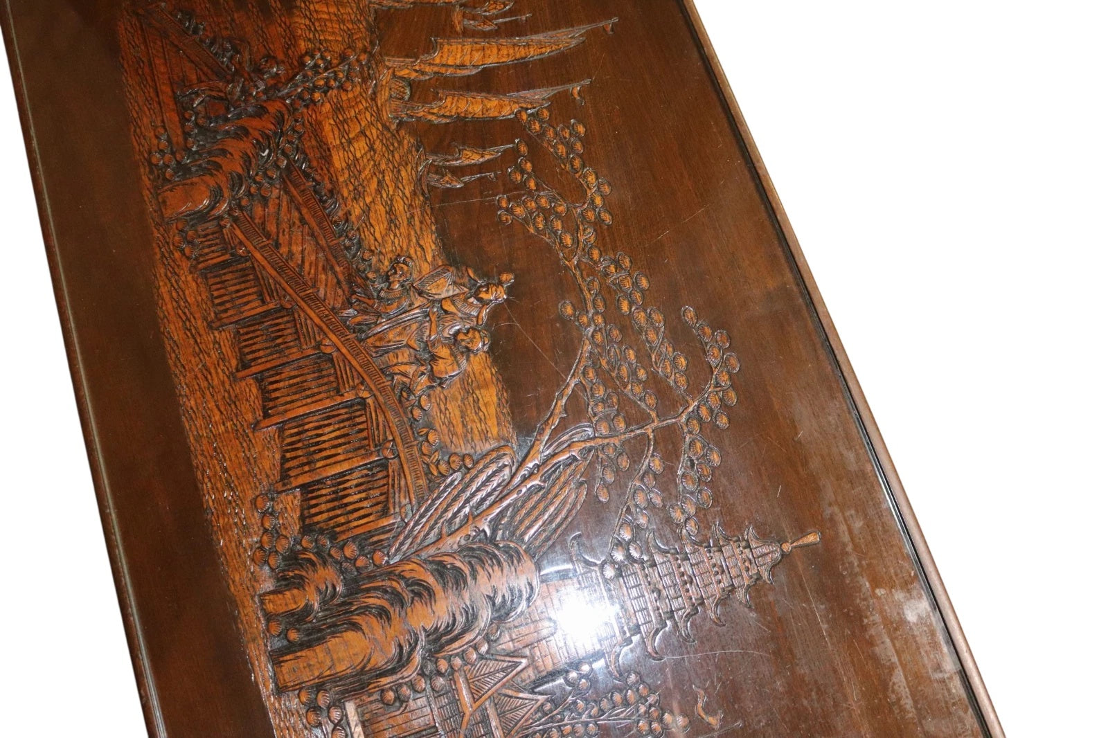 Vintage Chinoiserie Chinese Carved Wood Coffee Table - Glass Top