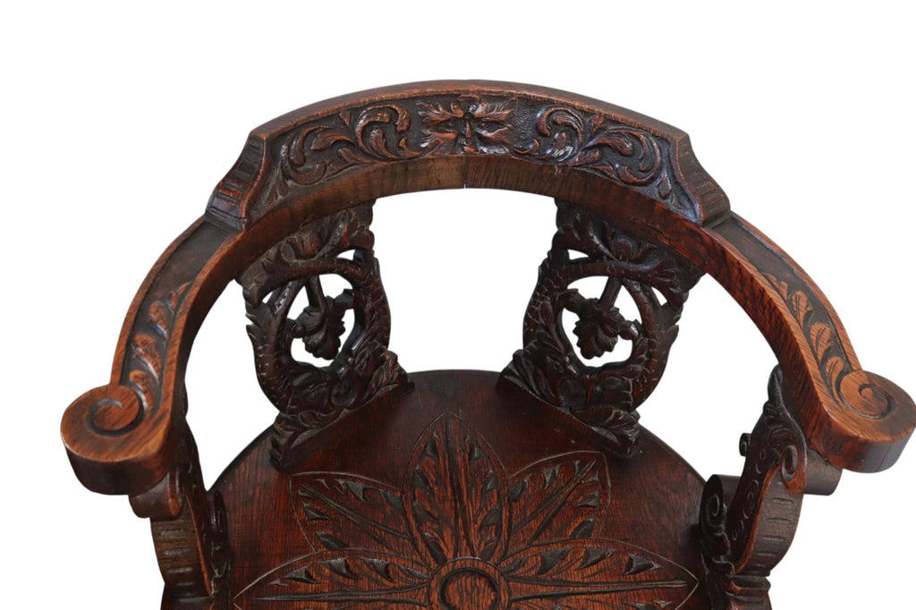 Antique Victorian Carved Oak Green Man Captians Swivel Office Chair
