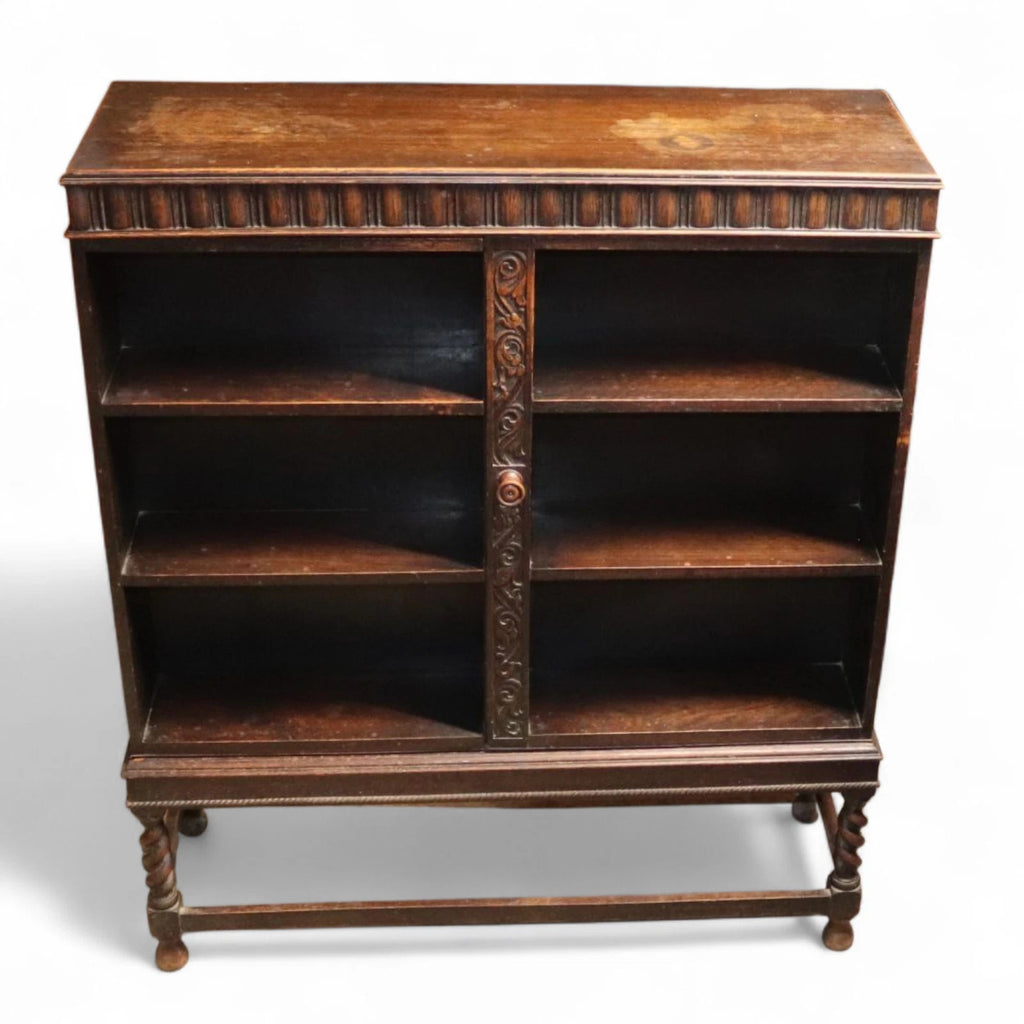 Antique Carolean Revival Oak Double Depth Bookcase Barley Twist Book Shelves
