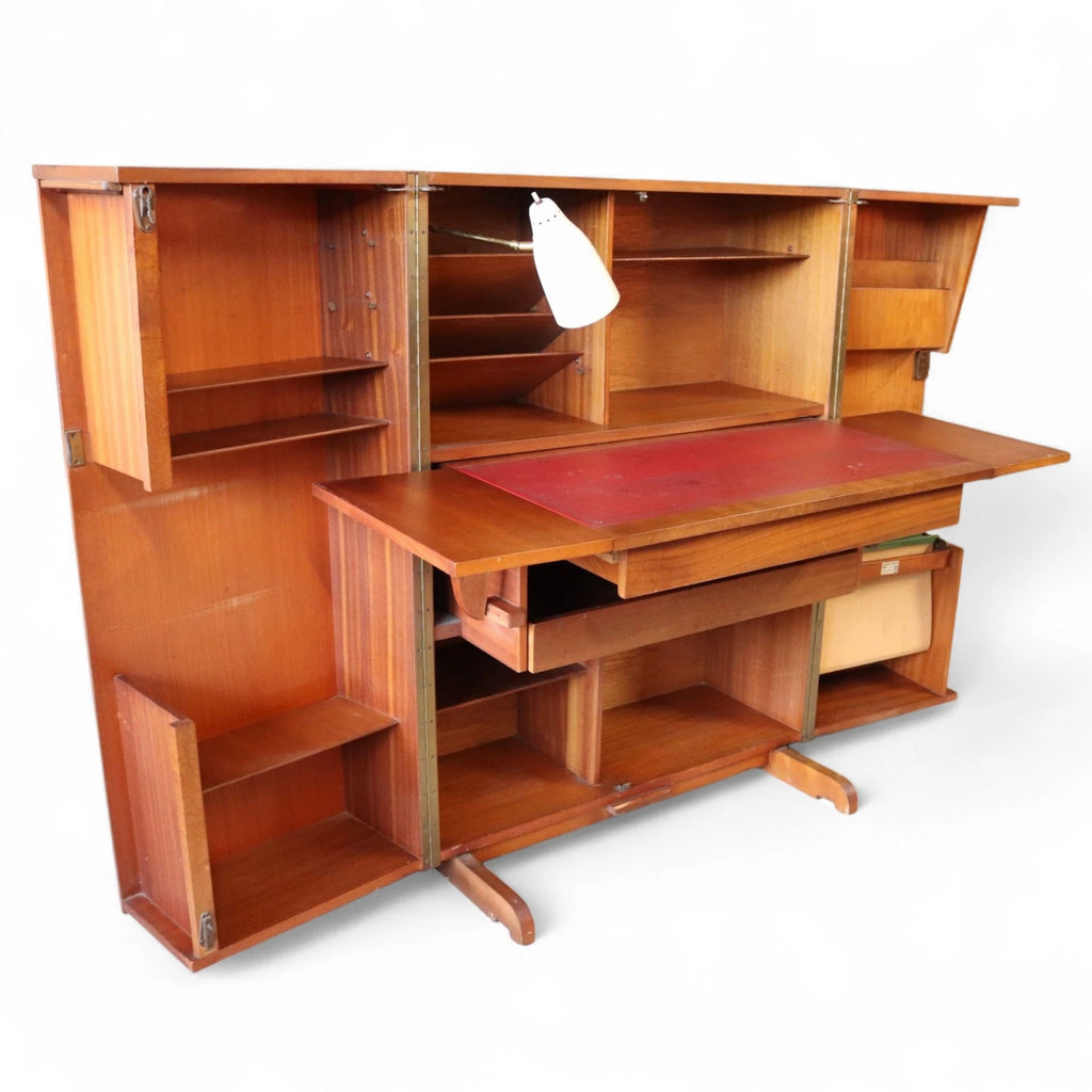 Mid Century Teak Newcraft Home Office Magic Box Style Foldaway Desk Cabinet