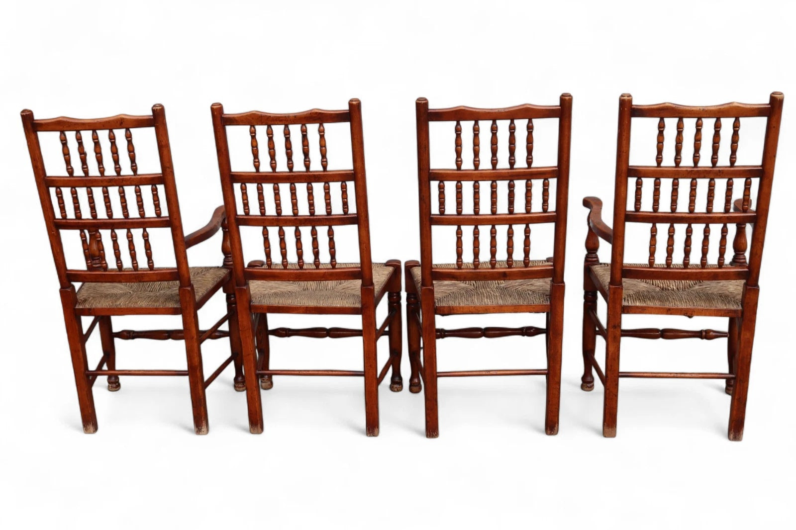 Set of 8 Antique Lancashire Elm & Ash Rush Seat Spindle Back Dining Chairs