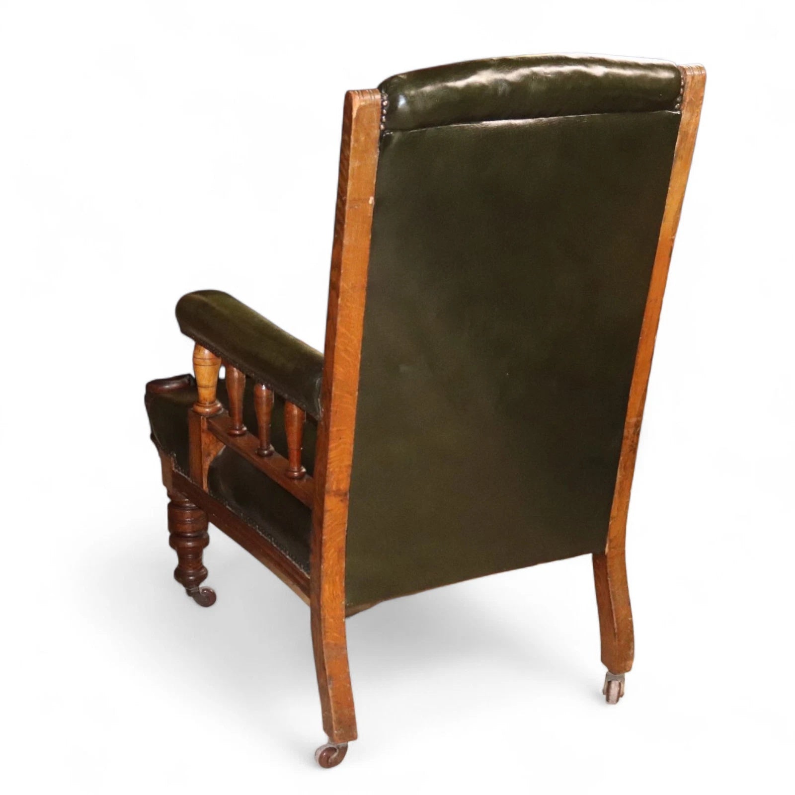 Antique Green Leather Buttoned Library Chair / Edwardian Oak Armchair