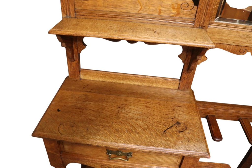 Antique Edwardian Oak Hall Stand Barometer & Mirror - Arts & Crafts Style c.1905
