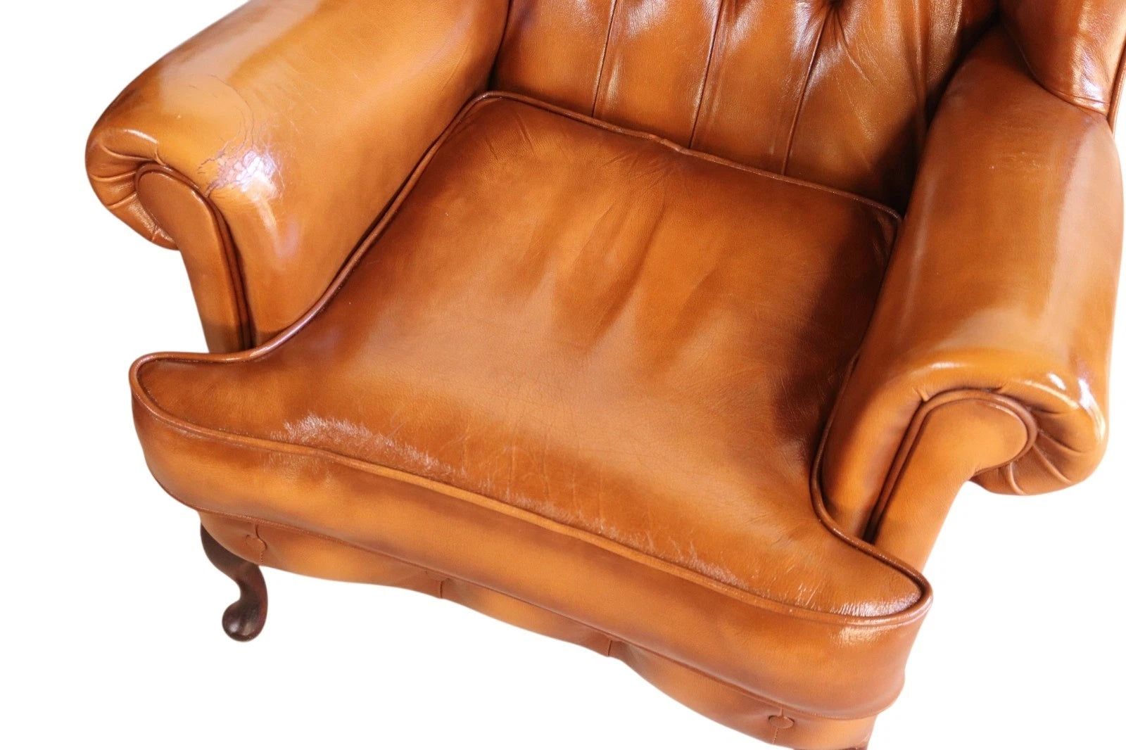 Vintage Chesterfield Tan Leather Wing Back Armchair With Footstool