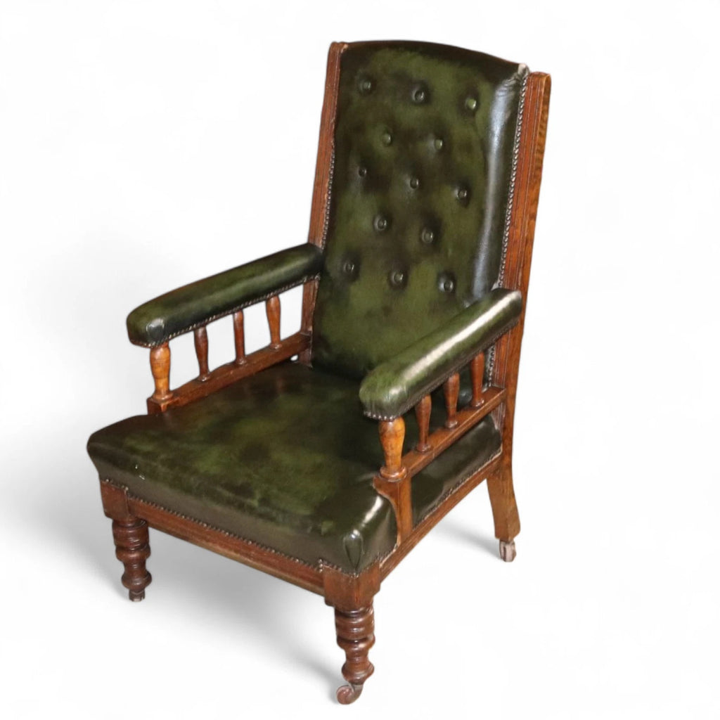 Antique Green Leather Buttoned Library Chair / Edwardian Oak Armchair