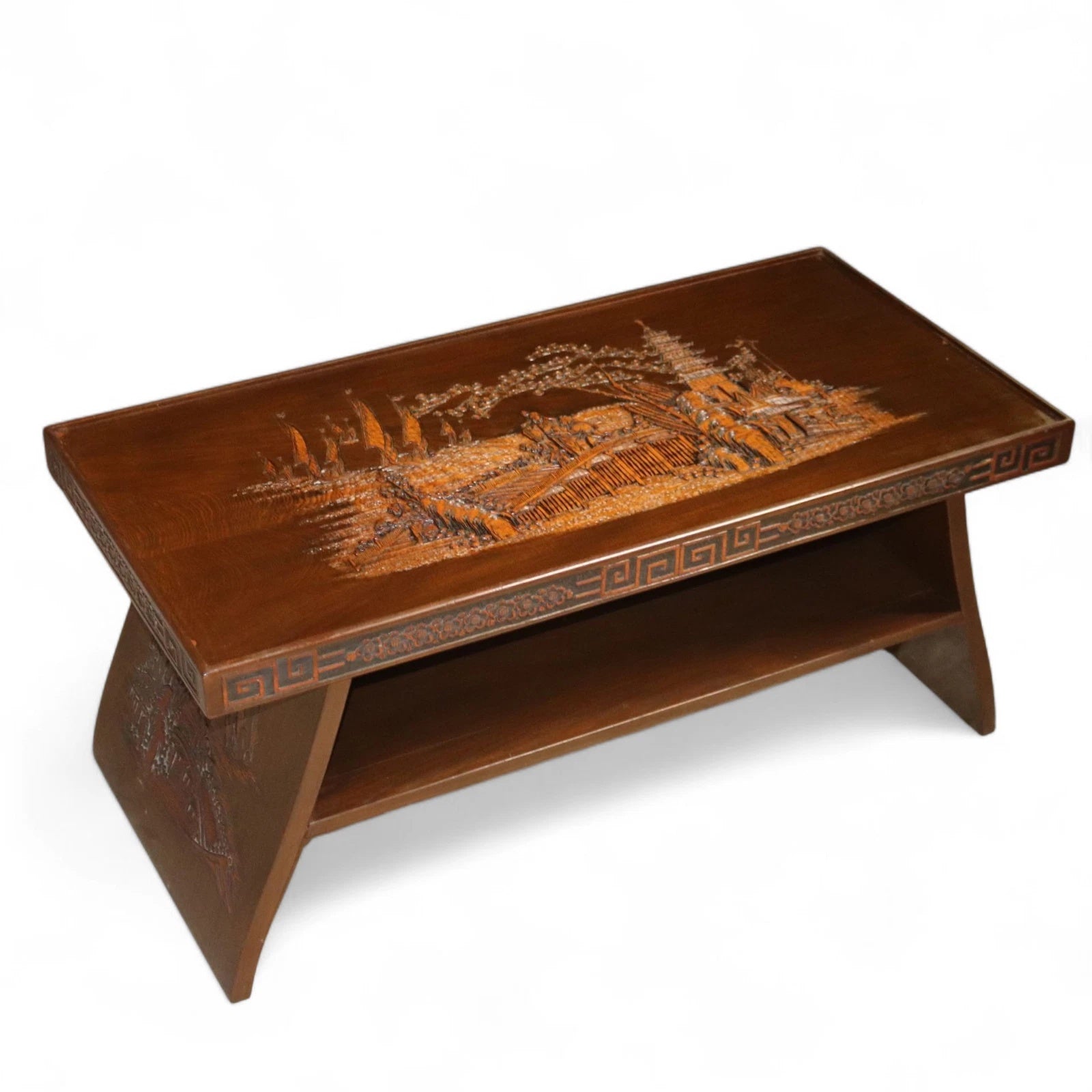 Vintage Chinoiserie Chinese Carved Wood Coffee Table - Glass Top