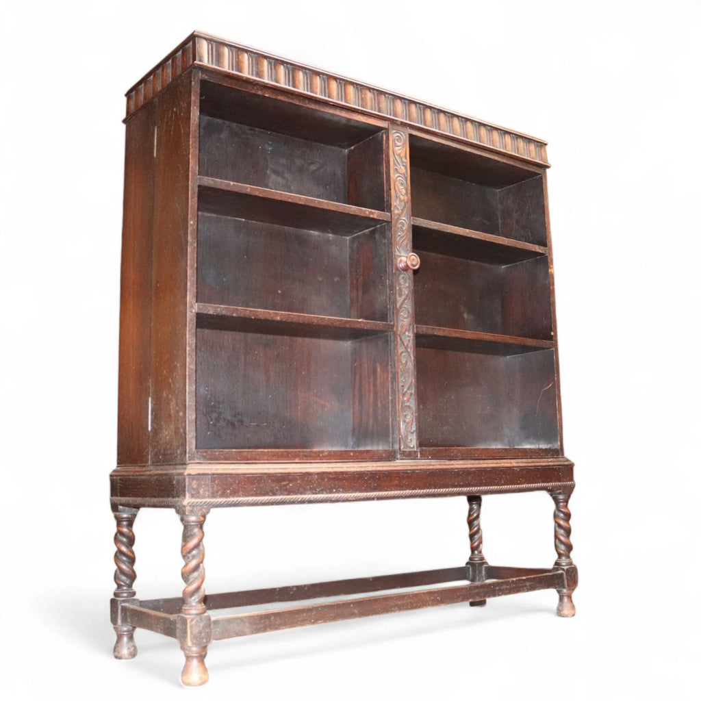 Antique Carolean Revival Oak Double Depth Bookcase Barley Twist Book Shelves