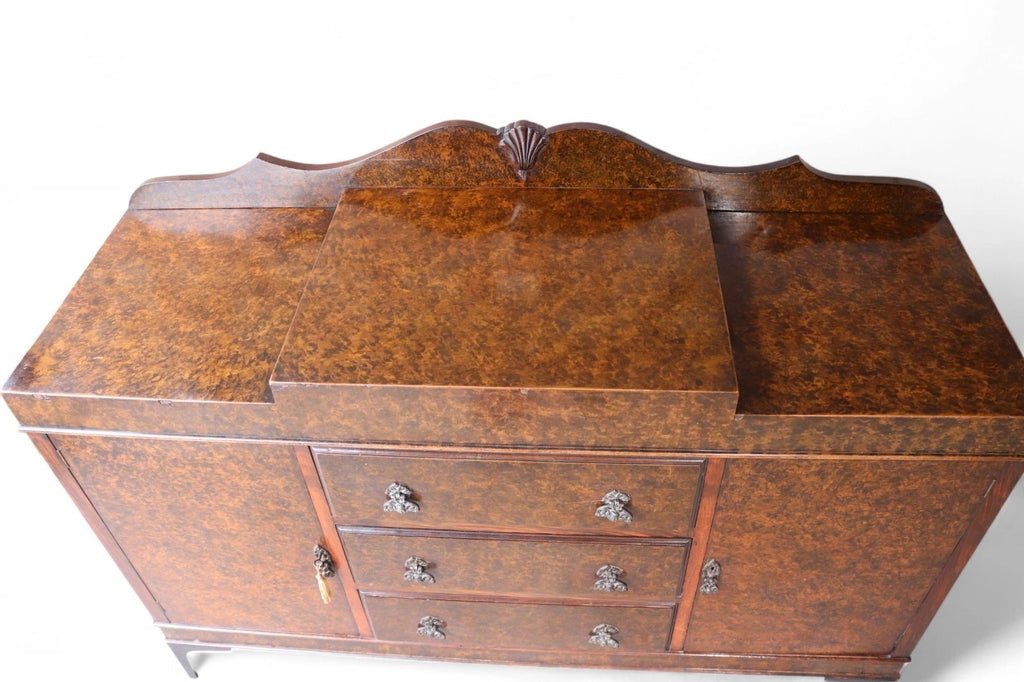 Art Deco Burr Walnut Sideboard Scalloped Gallery Buffet Credenza 1930s