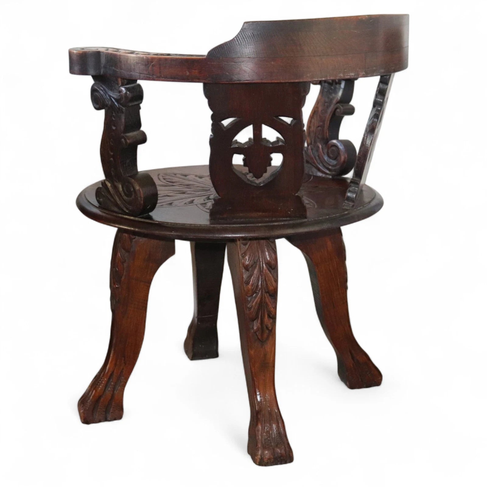 Antique Victorian Carved Oak Green Man Captians Swivel Office Chair