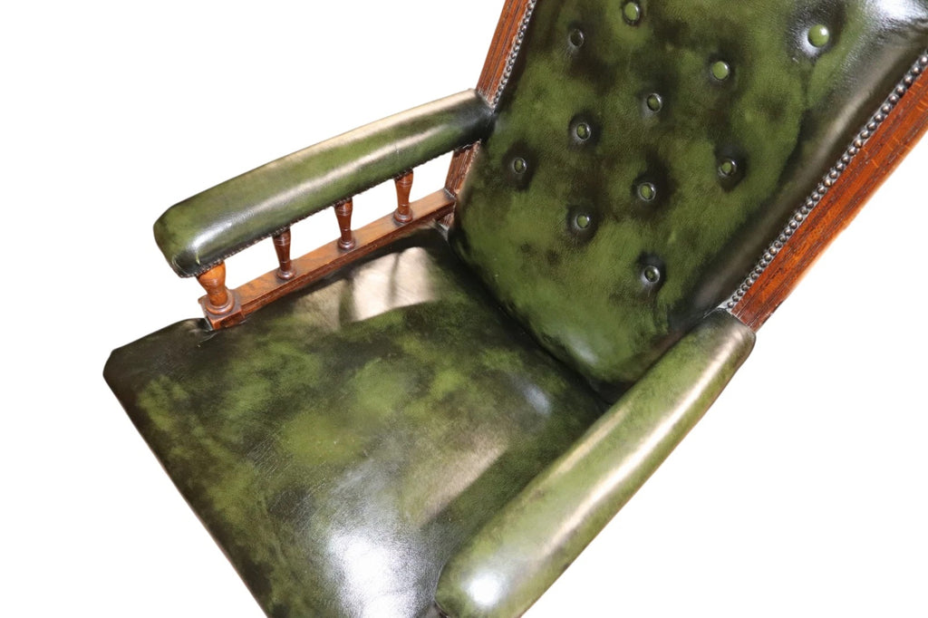 Antique Green Leather Buttoned Library Chair / Edwardian Oak Armchair