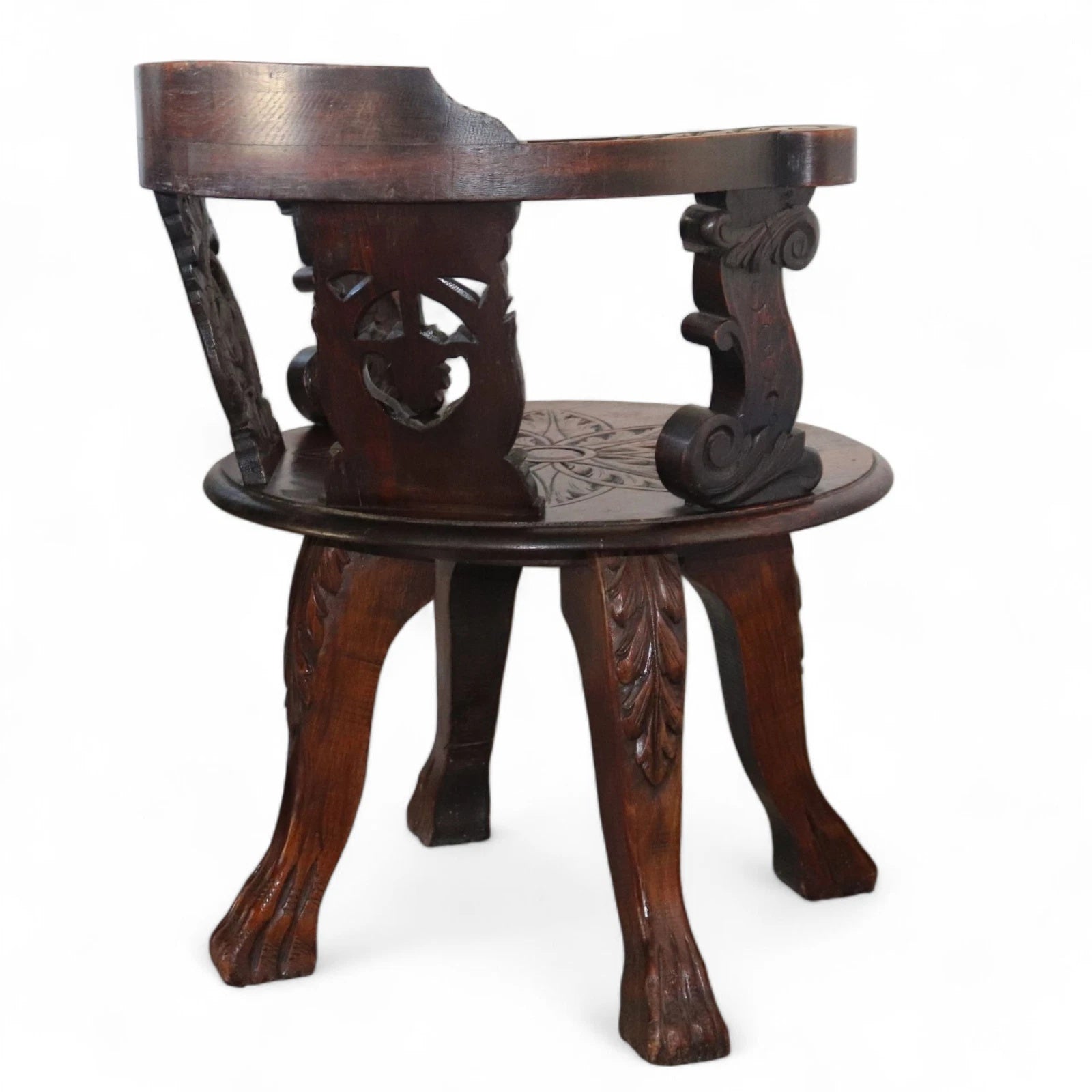 Antique Victorian Carved Oak Green Man Captians Swivel Office Chair