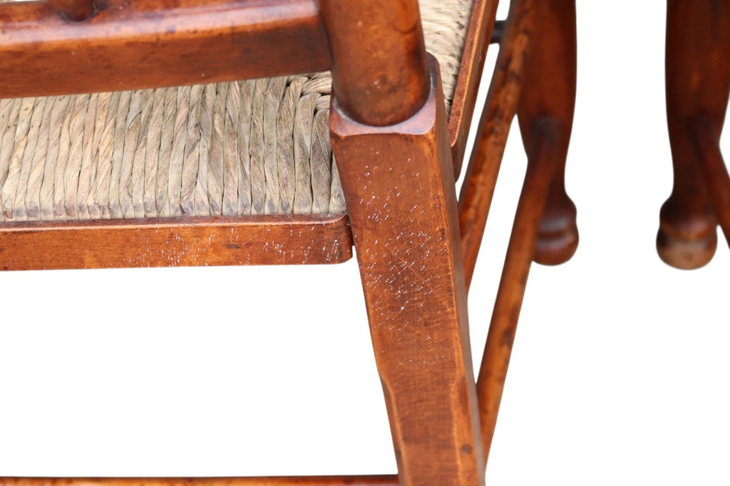 Set of 8 Antique Lancashire Elm & Ash Rush Seat Spindle Back Dining Chairs