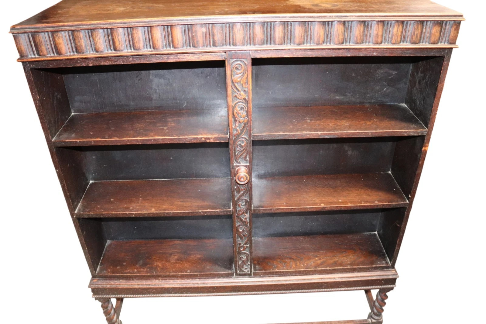 Antique Carolean Revival Oak Double Depth Bookcase Barley Twist Book Shelves