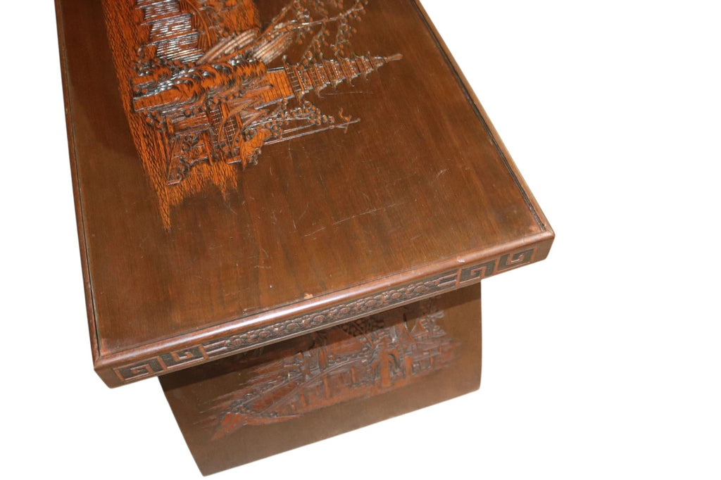Vintage Chinoiserie Chinese Carved Wood Coffee Table - Glass Top