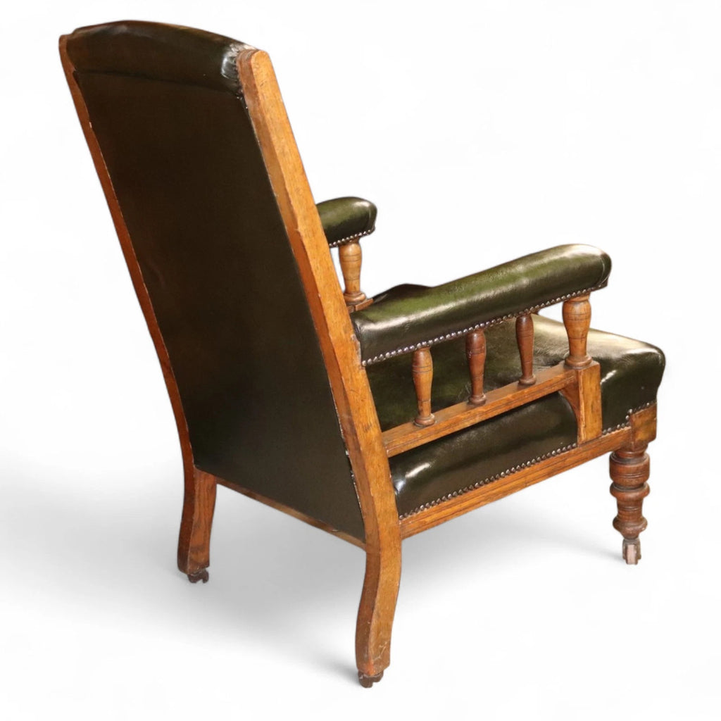 Antique Green Leather Buttoned Library Chair / Edwardian Oak Armchair