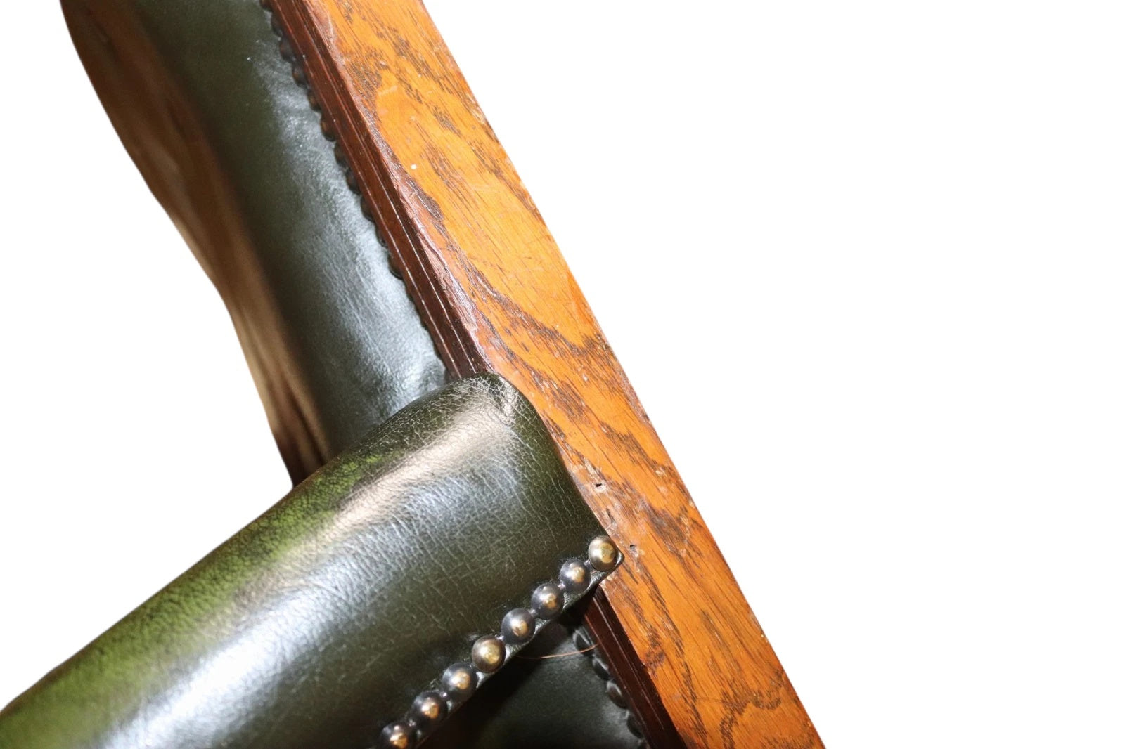 Antique Green Leather Buttoned Library Chair / Edwardian Oak Armchair