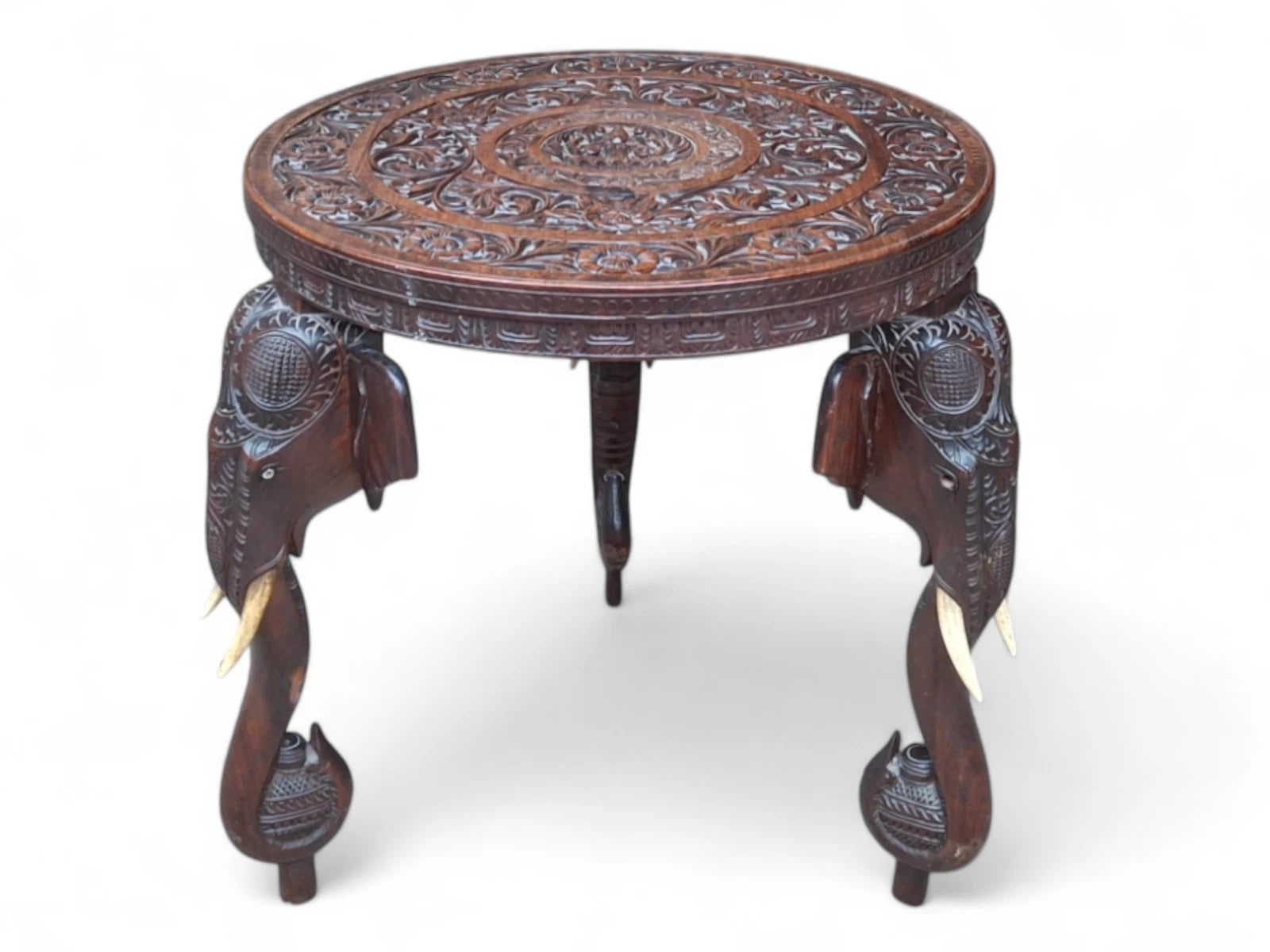 Early 20th Century Bermese Carved Hardwood Elephant Occasional / Side Table