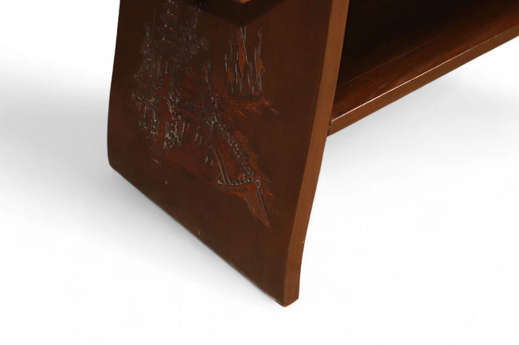 Vintage Chinoiserie Chinese Carved Wood Coffee Table - Glass Top