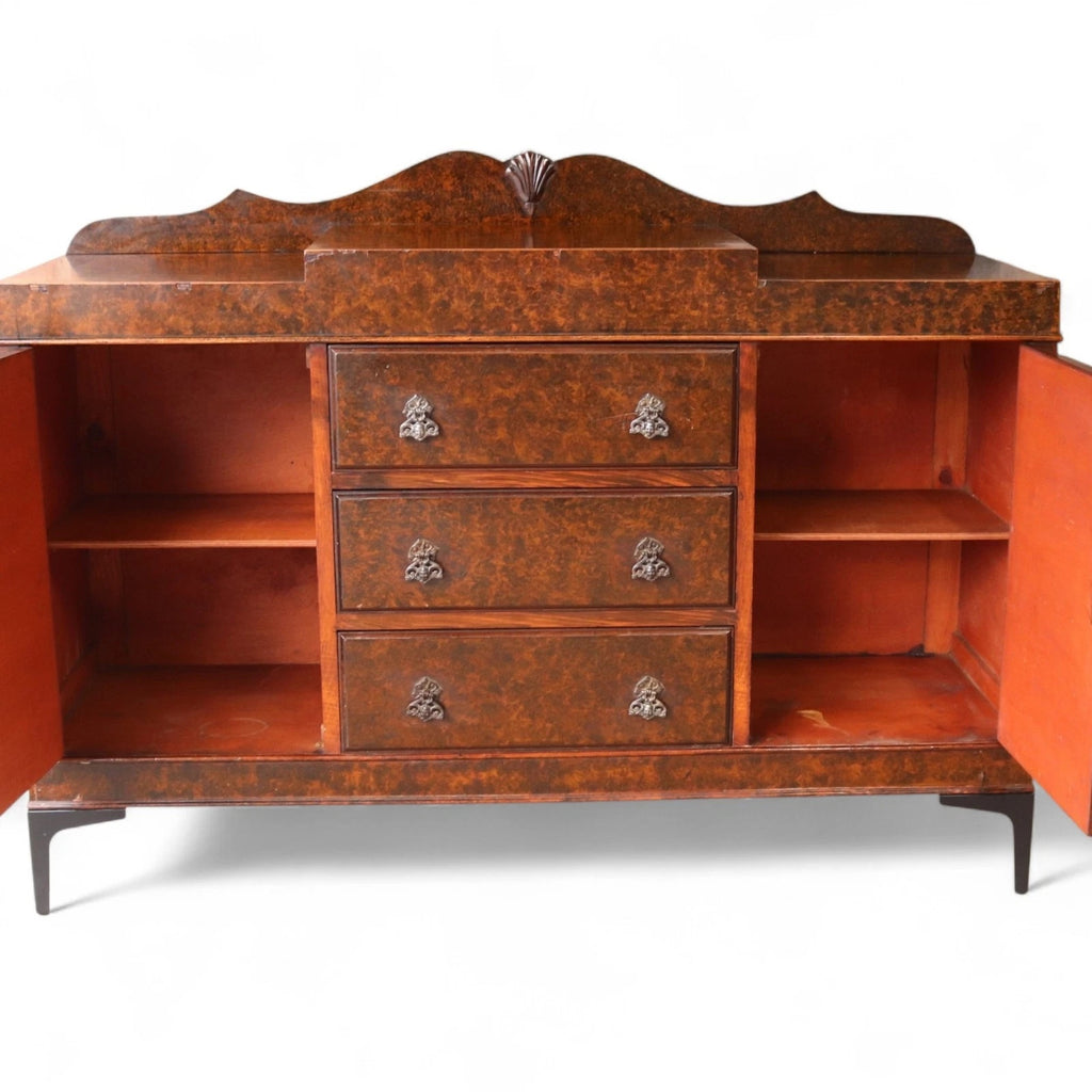 Art Deco Burr Walnut Sideboard Scalloped Gallery Buffet Credenza 1930s