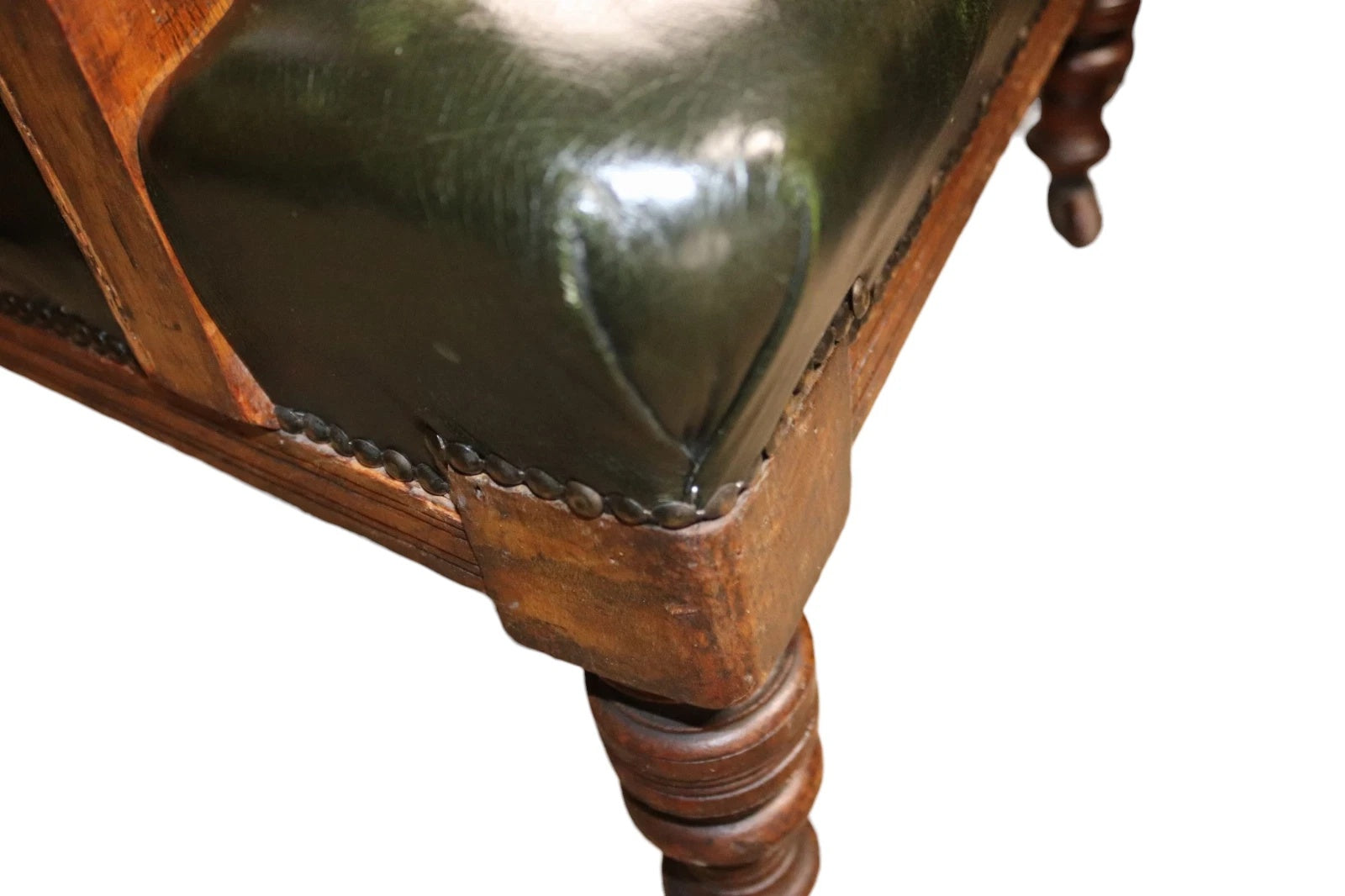 Antique Green Leather Buttoned Library Chair / Edwardian Oak Armchair