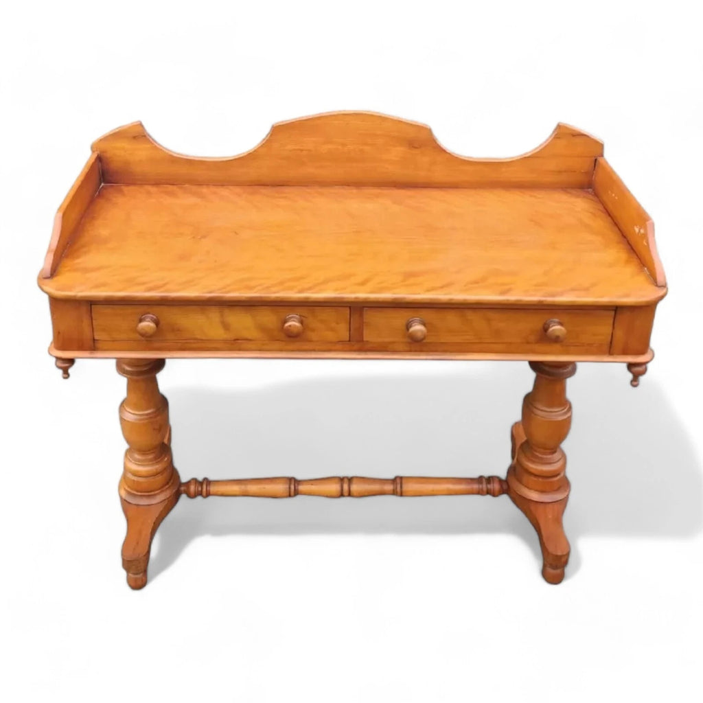 Victorian Satin Birch two drawer gallery back writing table antique desk