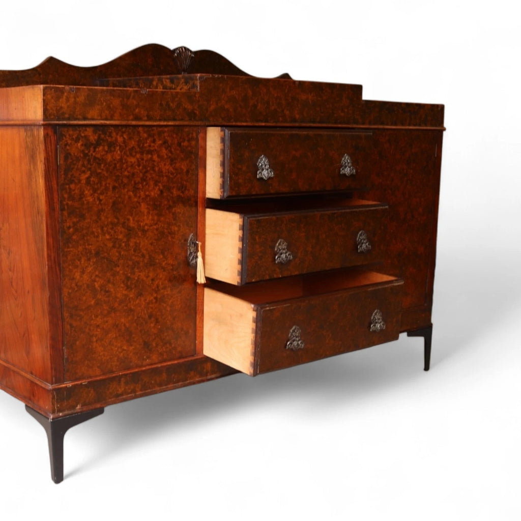 Art Deco Burr Walnut Sideboard Scalloped Gallery Buffet Credenza 1930s