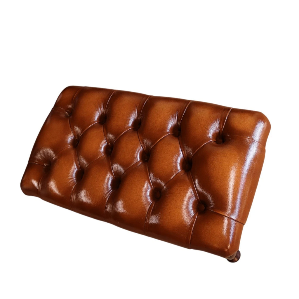Vintage Chesterfield Tan Leather Wing Back Armchair With Footstool