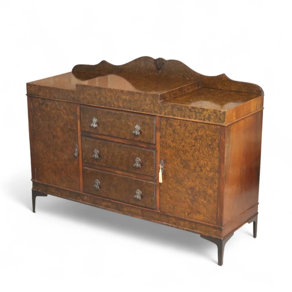 Art Deco Burr Walnut Sideboard Scalloped Gallery Buffet Credenza 1930s