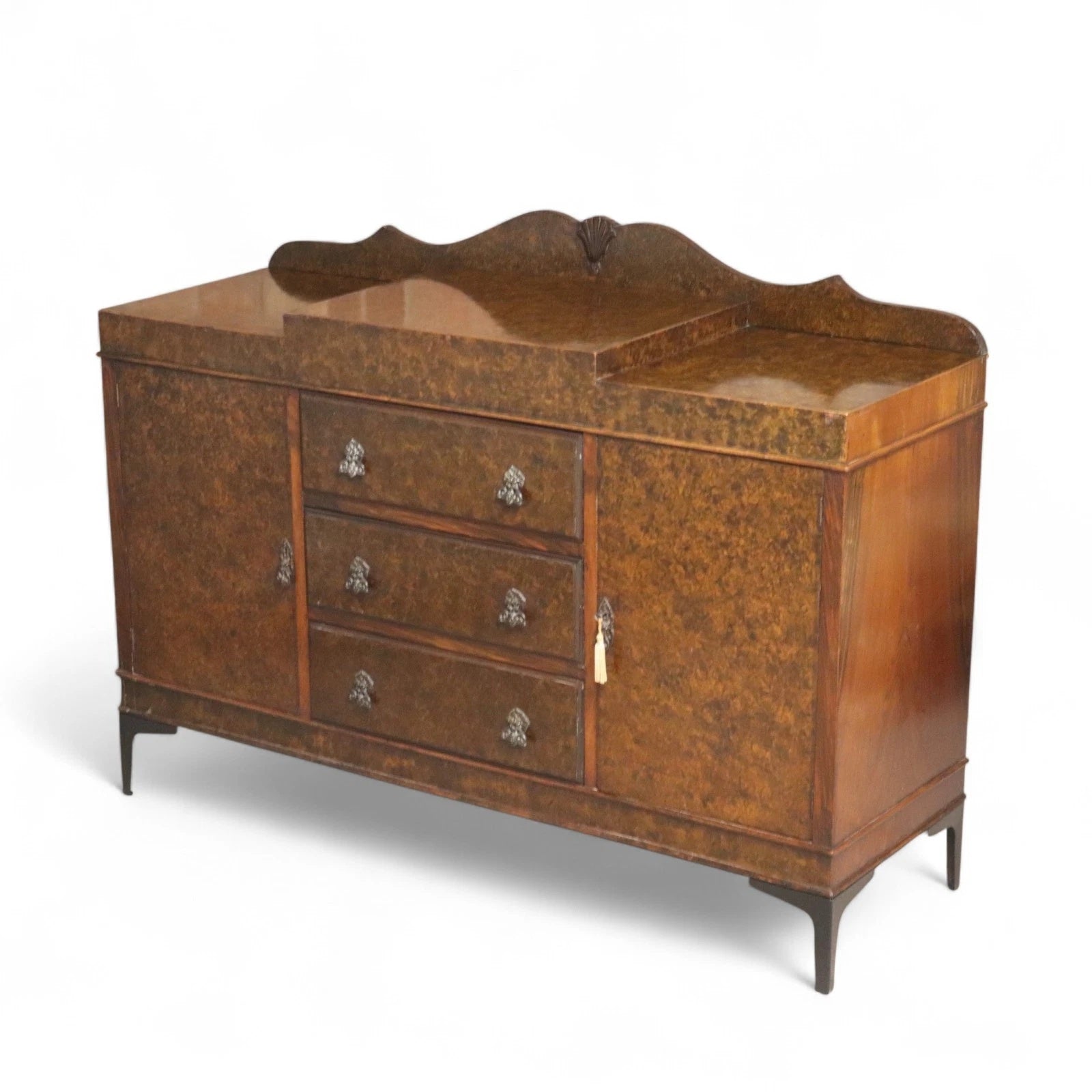 Art Deco Burr Walnut Sideboard Scalloped Gallery Buffet Credenza 1930s