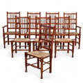 Set of 8 Antique Lancashire Elm & Ash Rush Seat Spindle Back Dining Chairs