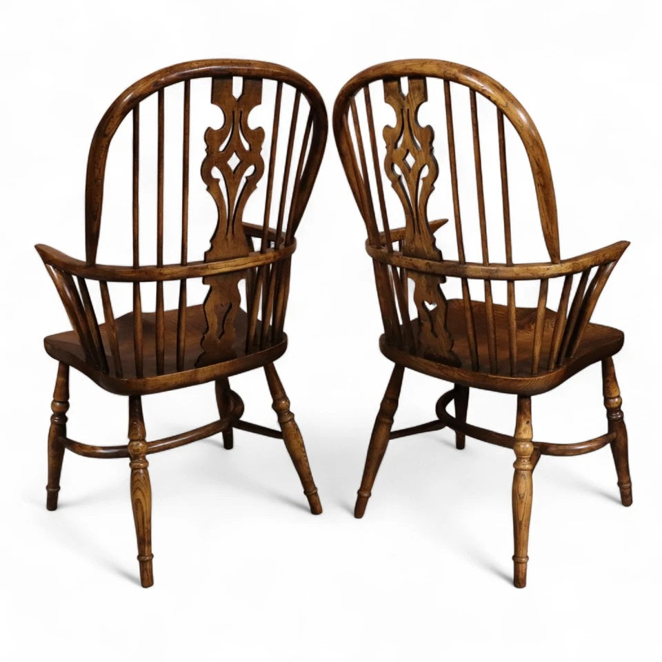 Pair Of Vintage Elm & Ash Windsor Armchairs with Crinoline Stretchers