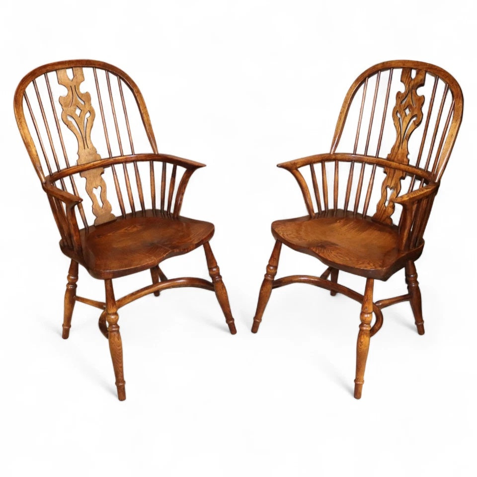 Pair Of Vintage Elm & Ash Windsor Armchairs with Crinoline Stretchers
