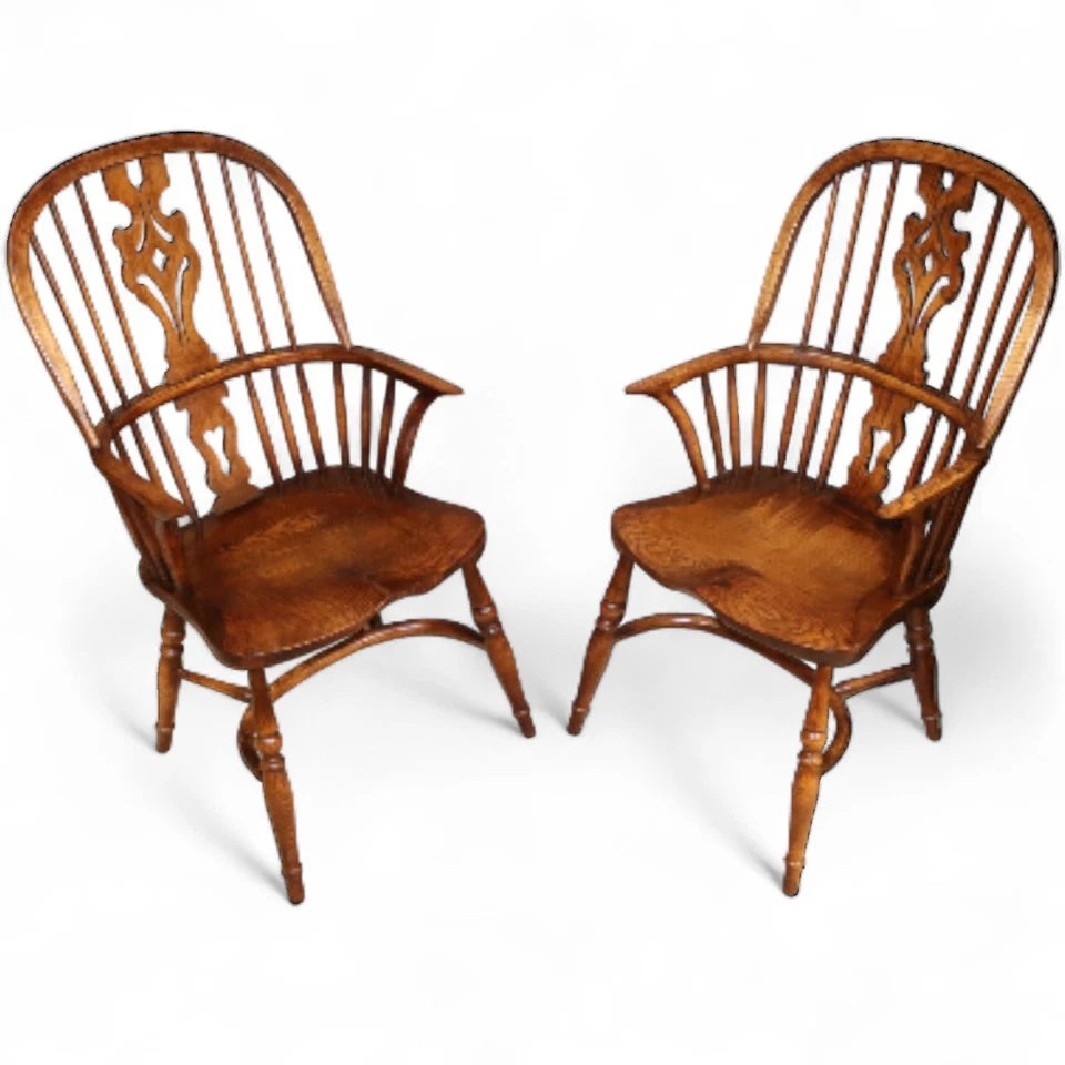 Pair Of Vintage Elm & Ash Windsor Armchairs with Crinoline Stretchers