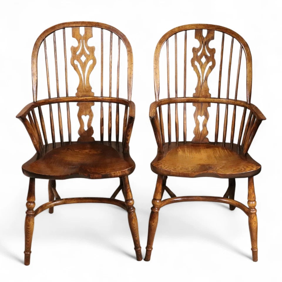 Pair Of Vintage Elm & Ash Windsor Armchairs with Crinoline Stretchers