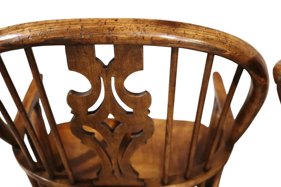 Pair Of Vintage Elm & Ash Windsor Armchairs with Crinoline Stretchers