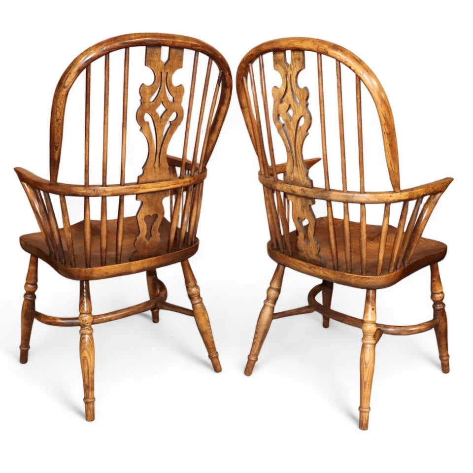Pair Of Vintage Elm & Ash Windsor Armchairs with Crinoline Stretchers