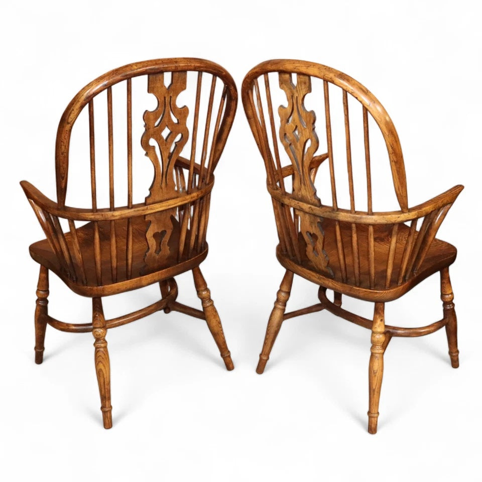 Pair Of Vintage Elm & Ash Windsor Armchairs with Crinoline Stretchers