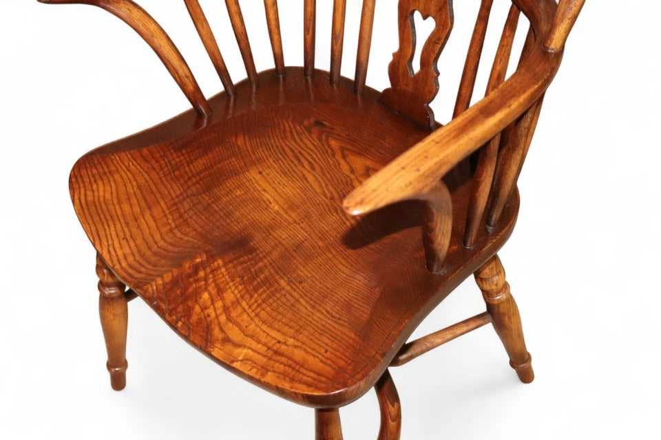 Pair Of Vintage Elm & Ash Windsor Armchairs with Crinoline Stretchers