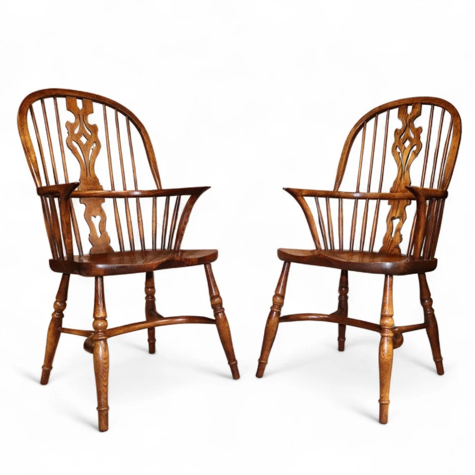 Pair Of Vintage Elm & Ash Windsor Armchairs with Crinoline Stretchers