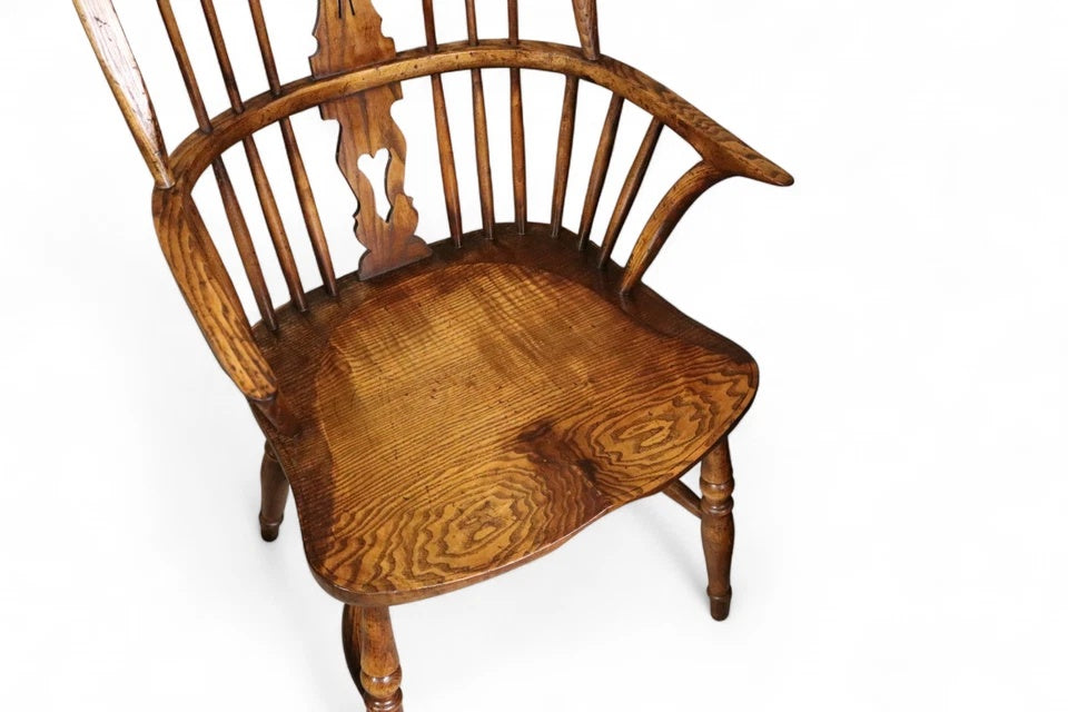 Pair Of Vintage Elm & Ash Windsor Armchairs with Crinoline Stretchers